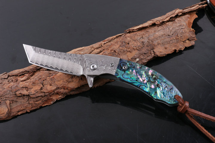 Revenge fighter VG10 Damascus abalone and ebony handle folding knife UD404973